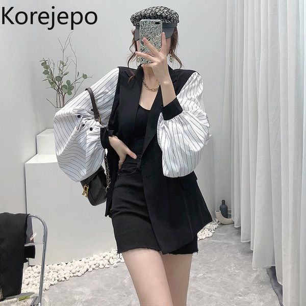 

women's jackets korejepo women blazer 2021 summer korean chic retro contrast color stitching striped long-sleeved shirt suit collar jac, Black;brown
