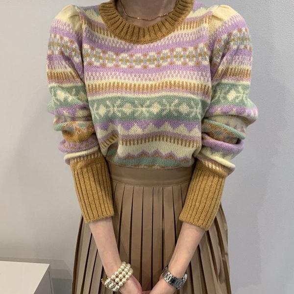 

korean chic autumn winter crew neck pullover stripe loose and versatile long sleeve knitted sweater pull femme hiver wn* women's sweate, White;black
