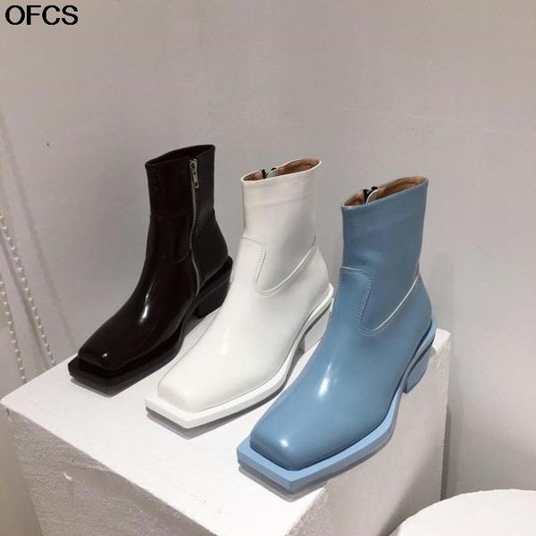 

boots autumn blue square toe ankel women est chunky heels zipper lady short black white shoes 2vl7