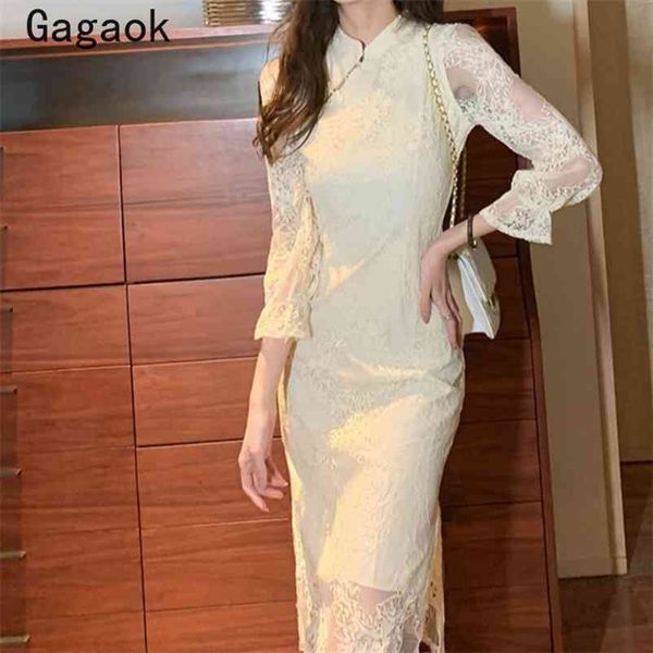 

vintage sheath dress women spring autumn solid lace full knee-length dresses slim elegant wild fashion vestidos 210531, Black;gray