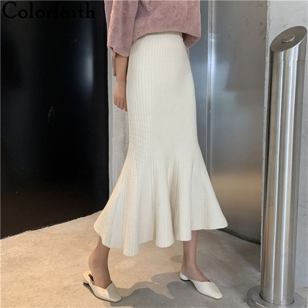 

spring winter women midi knitting elasticity package hip empire ruffles fashionable trumpet skirt sk4727 210427, Black