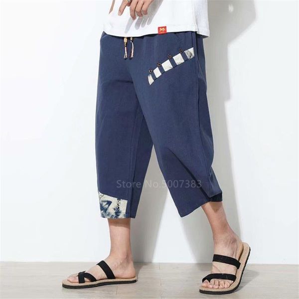

men traditional japanese style summer plus size casual calf-length pants ethnic print patchwork loose linen male trousers clothing, Red