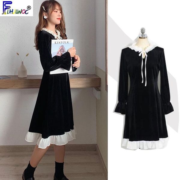 

casual dresses year cute women fashion flare sleeve french black dress valentine's day date girls bow tie vintage ruffled 139, Black;gray