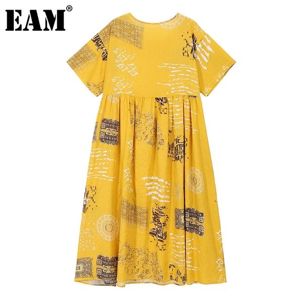 

[eam] women yellow pattern printed big size dress round neck short sleeve loose fit fashion spring summer 1dd8690 210512, Black;gray
