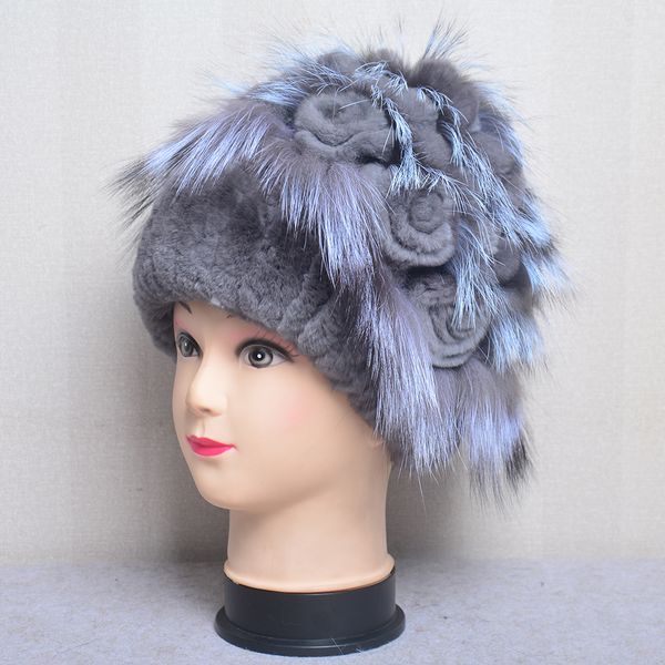

fashion accessories winter hat women rex rabbit fur warm knitted hand sewn floral fox elegant stylish ladies cold furry cap natural, Silver