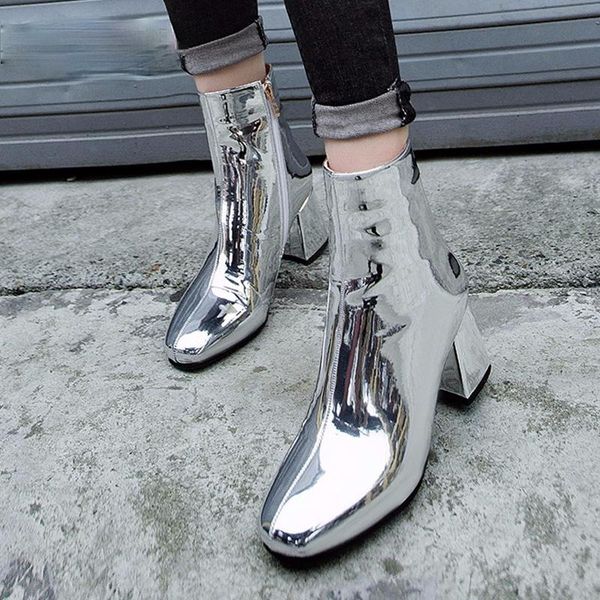 

boots 2021 fashion gold silver patent leather women ankle square toe high heel pumps black