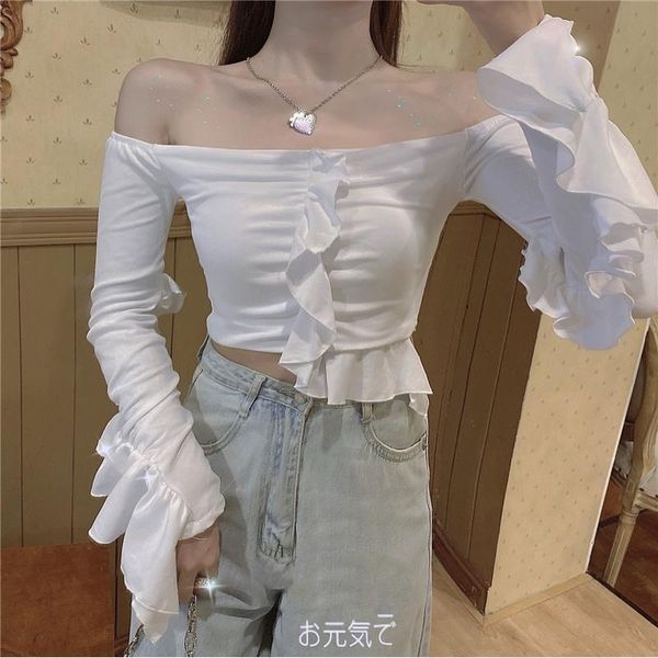 

women's t-shirt autumn short off-shoulder ruffled long-sleeved top, White