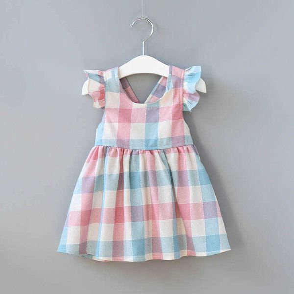 

summer fashion toddler girls dress sleeveless backless cotton plaid bow a line v neck dress children dresses girls clothes 210713, Red;yellow