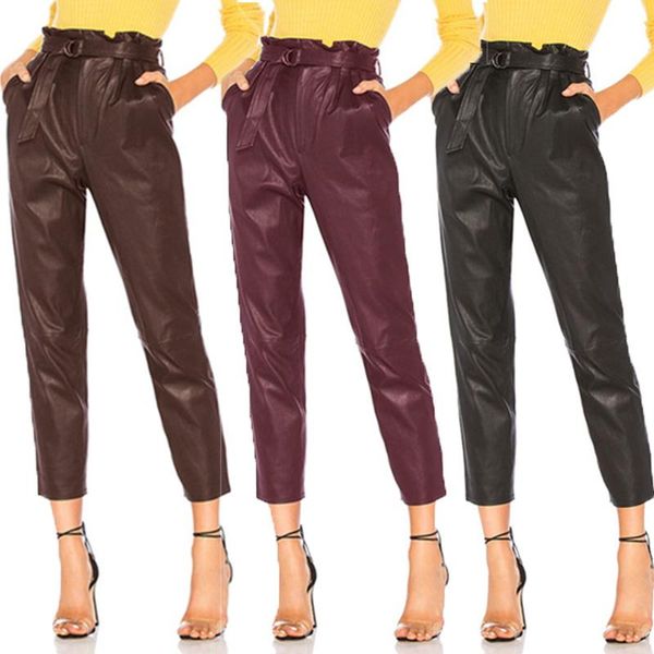 

women's pants & capris 2022 fashion pencil trousers casual high waist pu leather pantalons plus size solid long ol turnip, Black;white