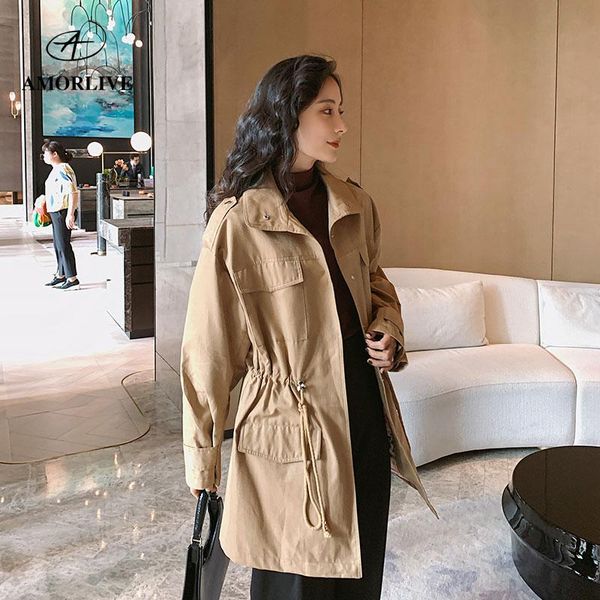 

women's trench coats amor live green waterproof windproof silk cotton coat with belt drawstring waist long casual female windbreaker, Tan;black