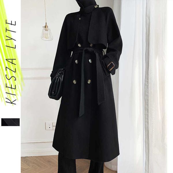 

black long woollen coat for women british style elegant hepburn wool coats jacket office lady outerwear 210608