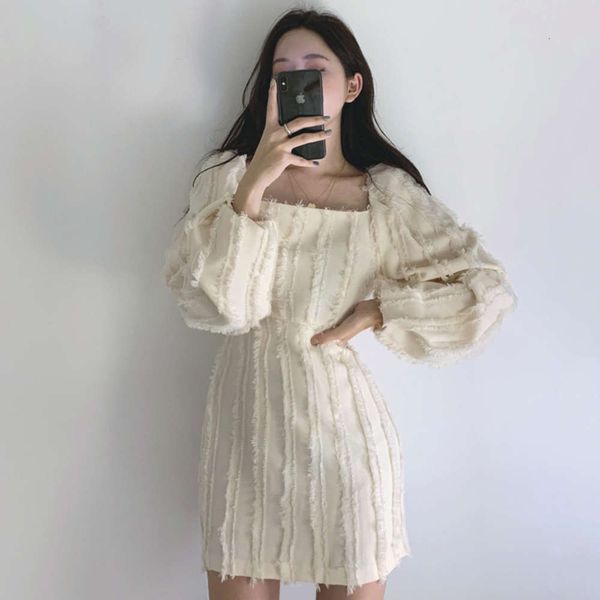

casual dresses dress women clothesearly autumn light ripe thin square collar heavy industry tassel embellishment small bubble sleeve short s, Black;gray