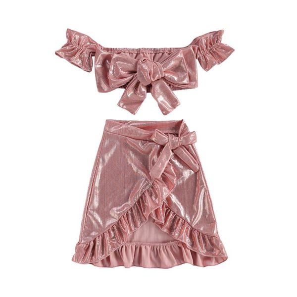 

1-6years fashion toddler kids summer clothes off shoulder velvet tube +bowknot ruffles mini skirts children casual outfts clothing sets, White