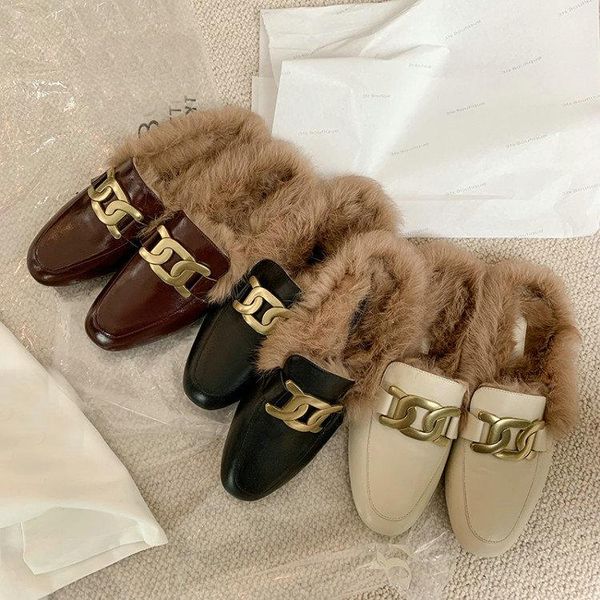 

sianie tianie real fur natural genuine leather women winter warm slides plus size 42 43 41 woman slippers shoes mules, Black