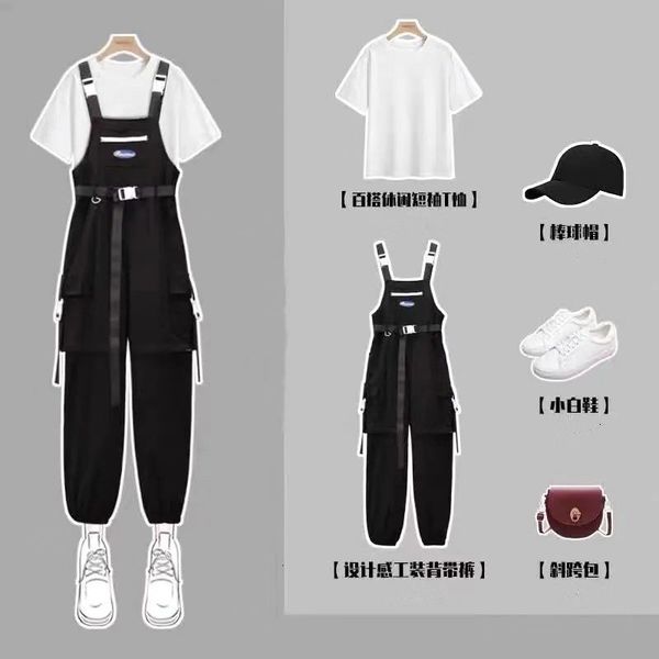

women's tracksuits summer fashion suit kawaii women student korean harajuku oversized short-sleeved t-shirt + two-piece punk cargo, Gray