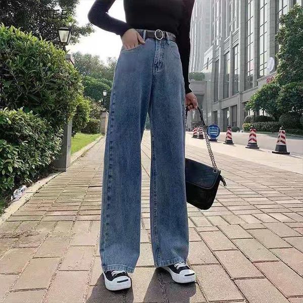 

high waist wide leg elegant womens jeans full length streetwear all match classic casual plus velvet thick fashion kpop, Blue