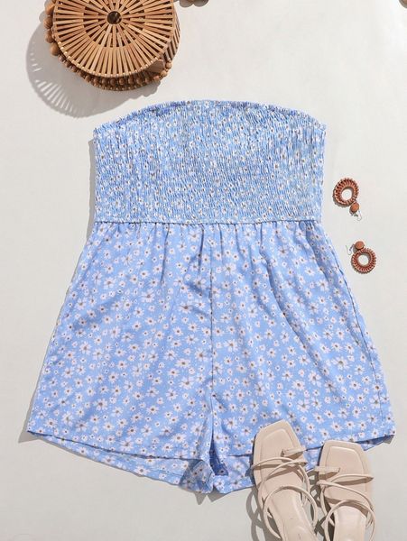 

plus ditsy floral shirred tube romper f76v#, Black