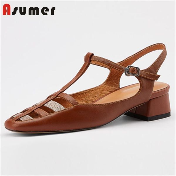 

sandals asumer 2021 arrive casual shoes women genuine leather buckle hollow out square heel summer punk ladies1, Black