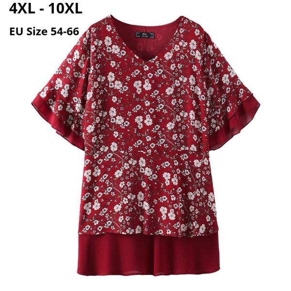

polo plus size 10xl 9xl 8xl 7xl women short sleeves summer t-shirts femme floral print chiffon clothing v-neck slim t shirt for mujer, White