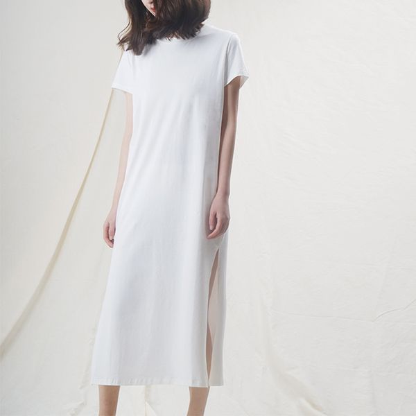 

sleeve split long dress o-neck short casual solid blue women summer cotton t shirt sales m30465, Black;gray