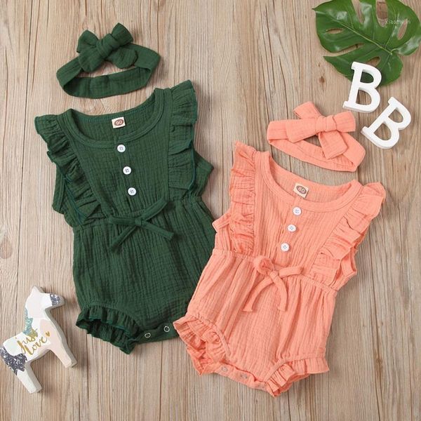 

baby kids girl romper sleeveless cotton linen ruffle button bowknot jumpsuit solid headband set rompers clothes 2021 jumpsuits, Blue