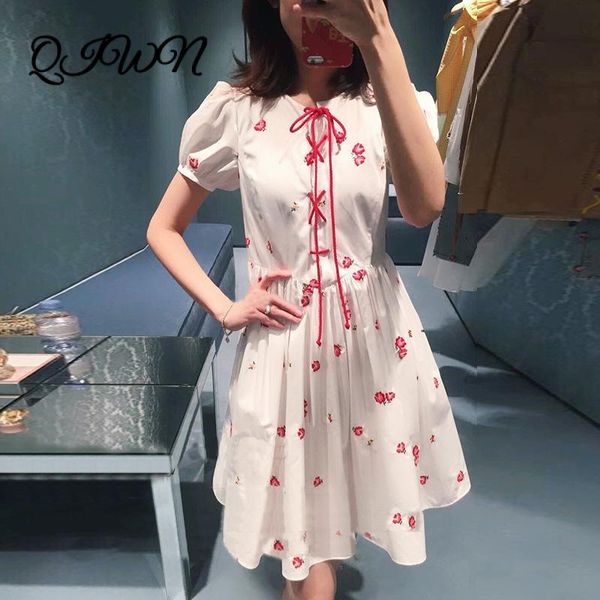 

casual dresses runway women luxury summer doll sweet bow lace small daisy embroidery bubble short sleeve dress white party clothes sq2z, Black;gray