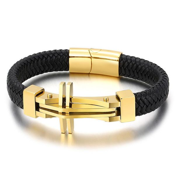 

link, chain stainless steel european jewelry vintage cross layer braided 12mm men leather bracelet 21.5cm, Black