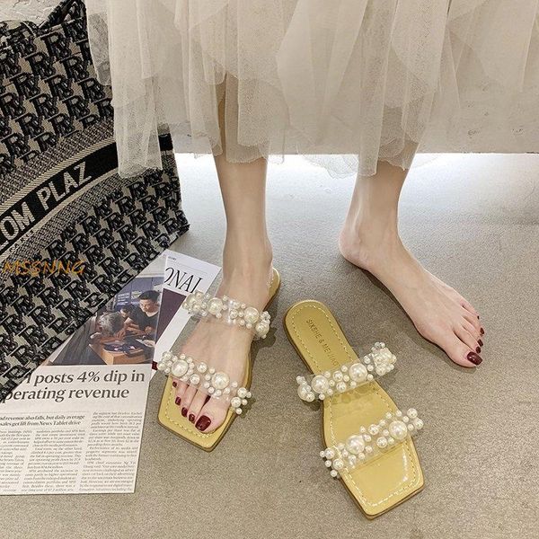 

slippers summer women's fashion pearl peep toe transparent pvc flat slides ladies casual shoes square beach sandals, Black