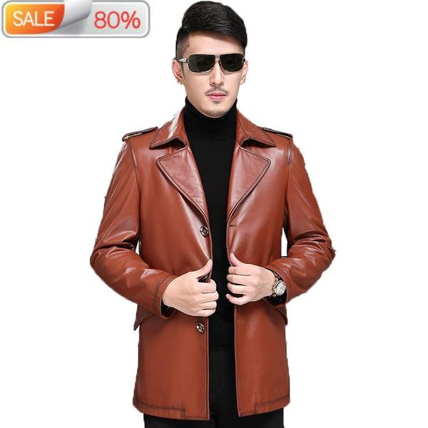 

men's leather & faux genuine men spring real cow windbreaker long cowhide jacket and coat 07-9979 b213a4, Black