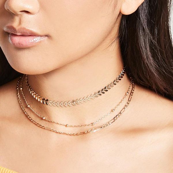 Halsreifen, Modell, Fischgräten-Metall-Gold-Halskette, 3 Etagen, femininer Charme, Geschenk