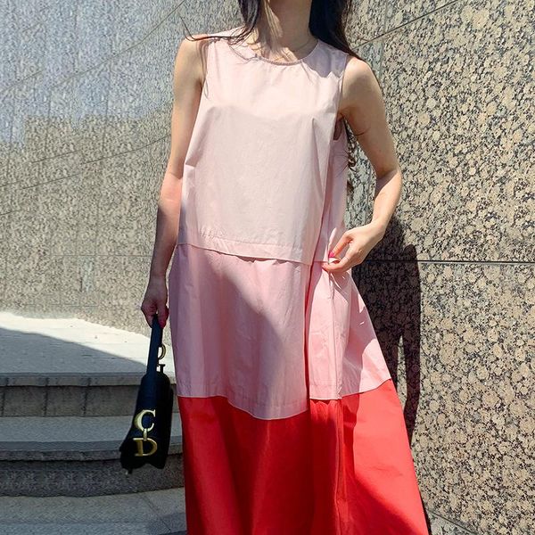 

casual dresses [ewq] korea chic trend women o neck stitching contrast color loose fashion sleeveless suspender dress summer 2021 16e1537, Black;gray