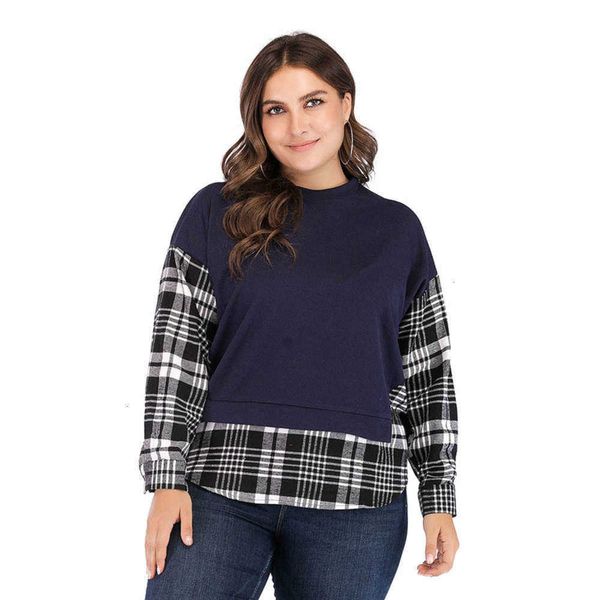 

fat autumn casual dresses mm fashion loose size women's clothing stitching classic plaid leisure long sleeve t-shirt 05627, Black;gray