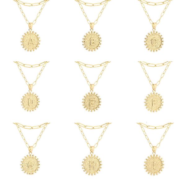 

26 initials round pendant gold paper clip chain overlay necklace, Silver