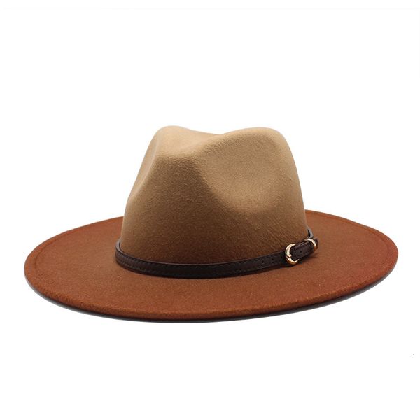 

berets two-color gradient wool felt fedora hats with thin belt buckle men women large brim panama trilby jazz cap mgwn, Blue;gray