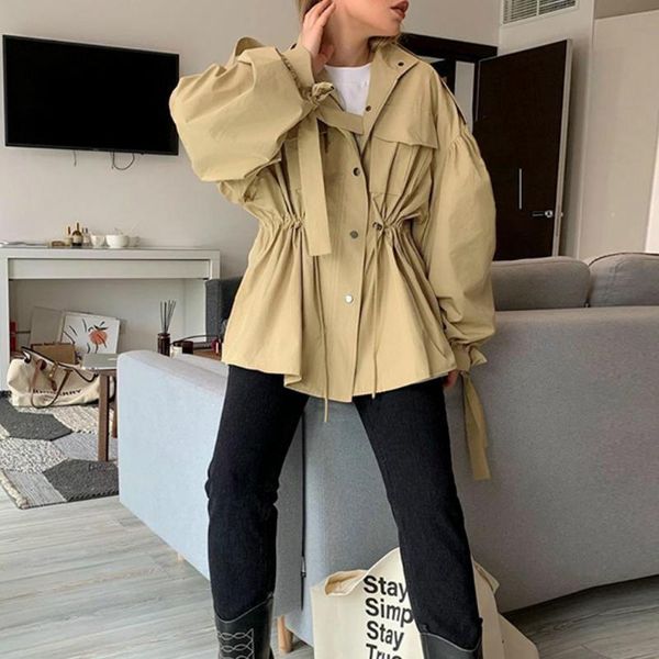 

casual button autumn trench coat women long sleeve drawstring pocket female streetwear ladies loose windbreakers women's jackets, Black;brown