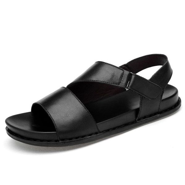 

sandals european style 2021 summer platform men real leather slides beach open-toed shoes male casual non-slip gladiator, Black