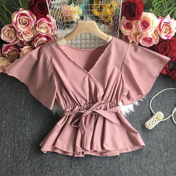 

women's t-shirt sleeve v-neck shirt bowknot students during summer loose pure color coat ms hedge waist small unlined upper garment, White