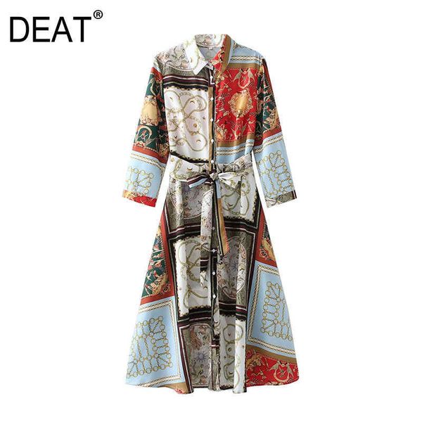 

[deat] women summer fashion single-breasted turn-down collar high waist knee-length printing dress 13q380 210527, Black;gray