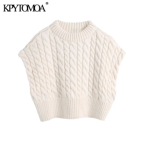 

women fashion loose cable-knit cropped vest sweater vintage o neck sleeveless female waistcoat chic 210421, Black;white