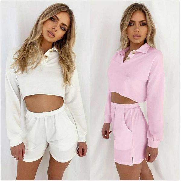 

women's tracksuits kayotuas women 2pcs tracksuit long sleeve lapel turn-down collar button t-shirt pullover +shorts pants clothes sport, Gray