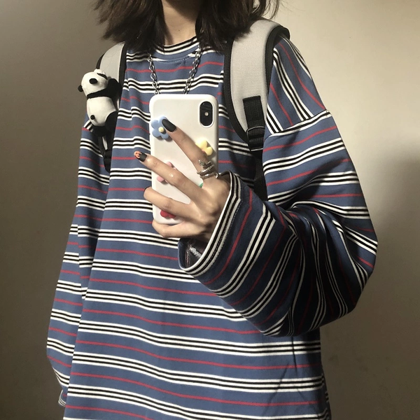 

spring autumn female casual o-neck stripe tees harajuku loose hoodie women long sleeve oversize hip hop sweatshirt ins, Black