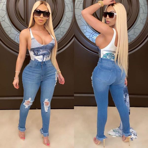 

women's jeans 2021 summer fashion washed hole stretch slim fringed pants, Blue