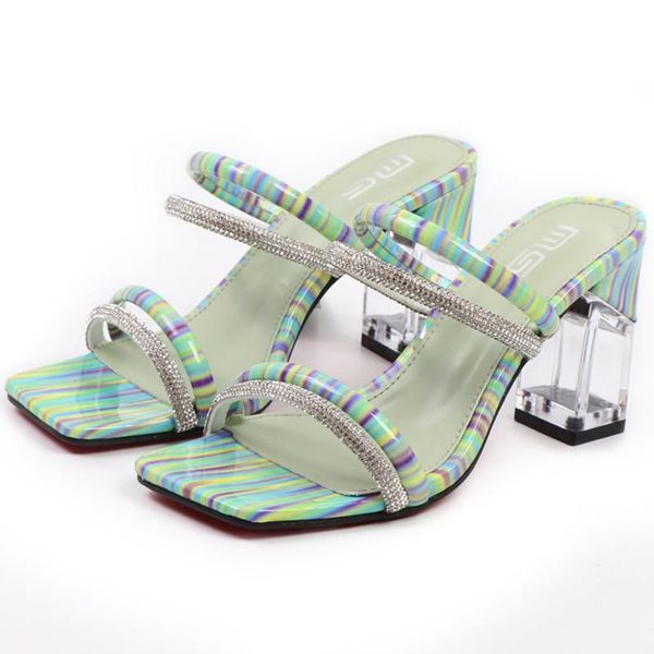 

slippers color female sandals summer ladies high heels square open toe crystal heel party shoes women hy207, Black