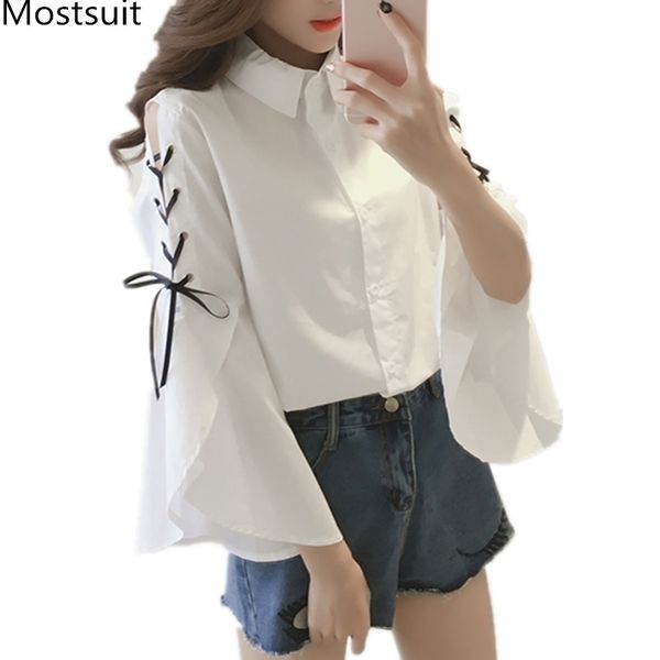

blue striped blusas mujer women lace-up bow shoulder open flare sleeve turn-down collar kawaii blouses shirts white 210518