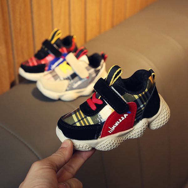

2021 autumn new boy casual shoes fashion plaid girl sneakers comfortable warm 1-3 years old boys and girls shoes, Black;red