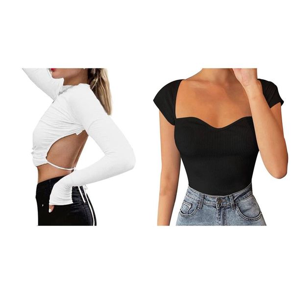 

women's t-shirt 1 pcs women harajuku open back long sleeve cropped & knitted low cut t-shirts black s size, White