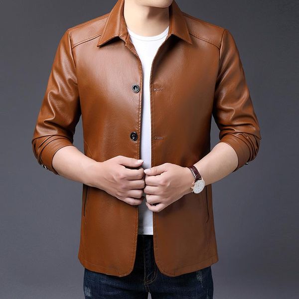 

2021father slim leather jacket coat button autumn and winter windbreaker men's lapel faux fur &, Black