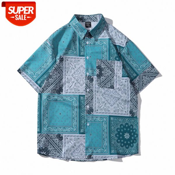 

hong kong style cashew flower contrast shirt japanese splicing casual half-sleeved retro flow printing jacket men #zh7q, White;black