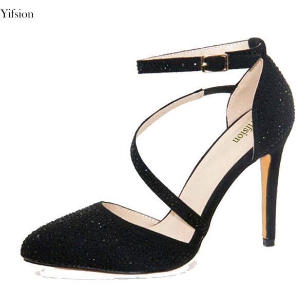 

olomm women pumps thin high heel stylish buckle strap pointed toe party prom black shoes us size 4-.5 dress