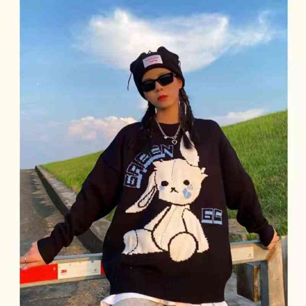 

2021 knitted harajuku y2k winter women jumper oversized sweaters long sve goth fashion bunny print kawaii grunge streetwear, Black